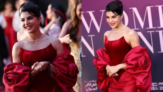 Jacqueline Fernandez slays at 2025 Cannes in a red velvet corset gown; fans call her ‘Laal Pari Jacqueeen’